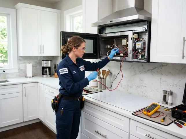 Appliance Repair Hero technician testing an over-the-range microwave in a Byhalia, MS kitchen